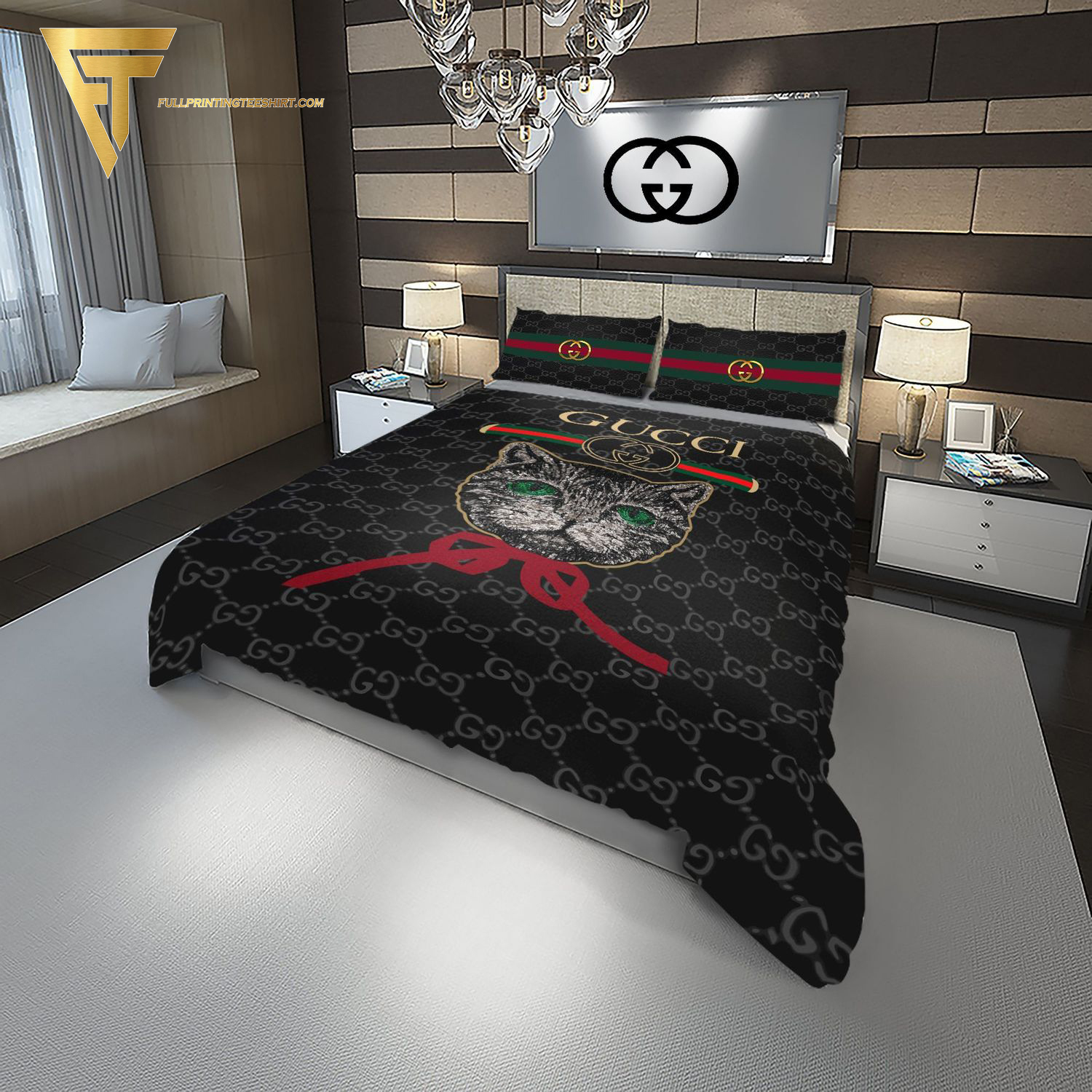 Gucci Cat Symbol And Black Background All Over Print Duvet Cover Bedroom Sets