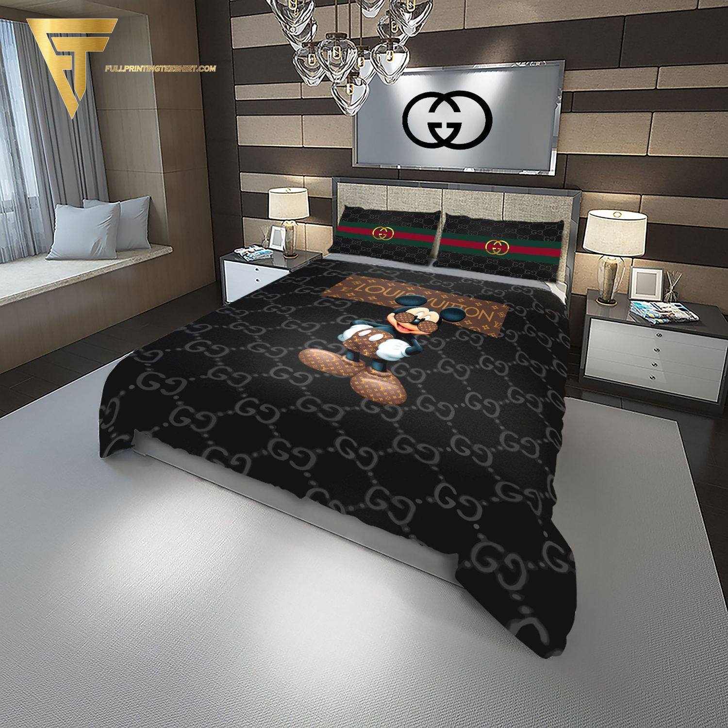 Gucci Logo And Mickey Mouse Glasses All Over Print Duvet Cover Bedroom Sets