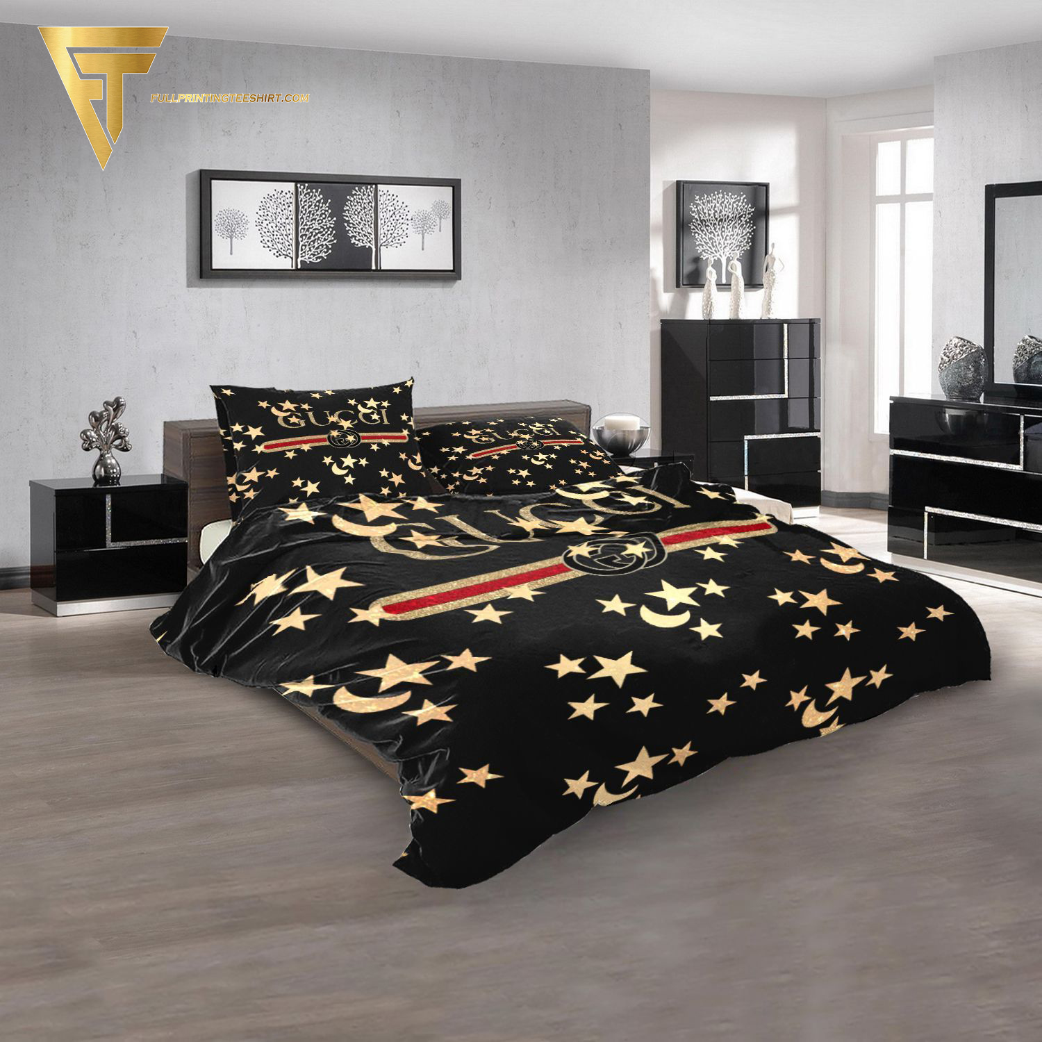 Gucci Logo And Moon Star All Over Print Duvet Cover Bedroom Sets
