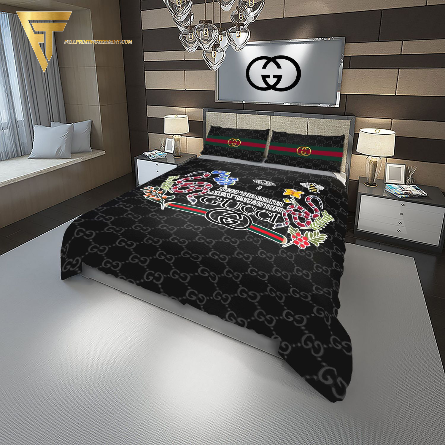 Gucci Logo And Snake Floral All Over Print Duvet Cover Bedroom Sets