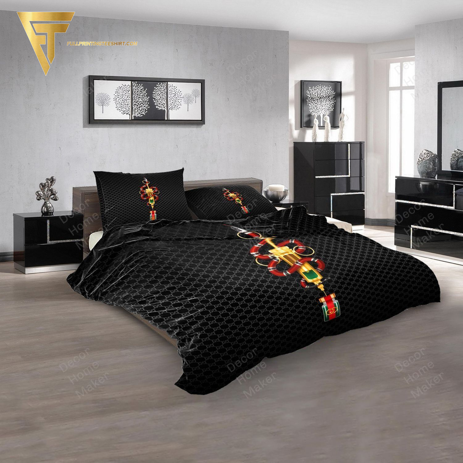 Gucci Logo And Snake Luxury All Over Print Duvet Cover Bedroom Sets