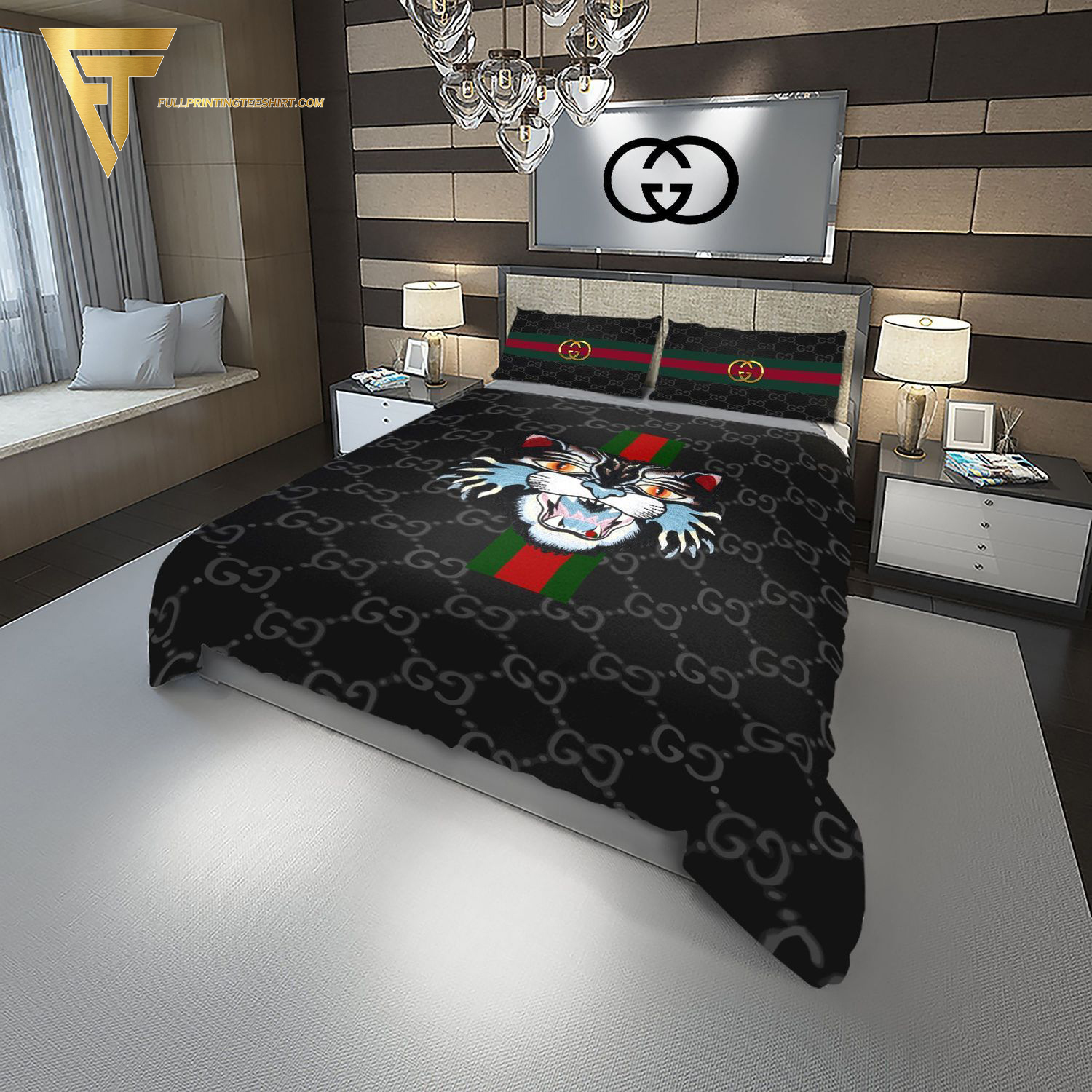 Gucci Tiger Symbol And Black Background All Over Print Duvet Cover Bedroom Sets
