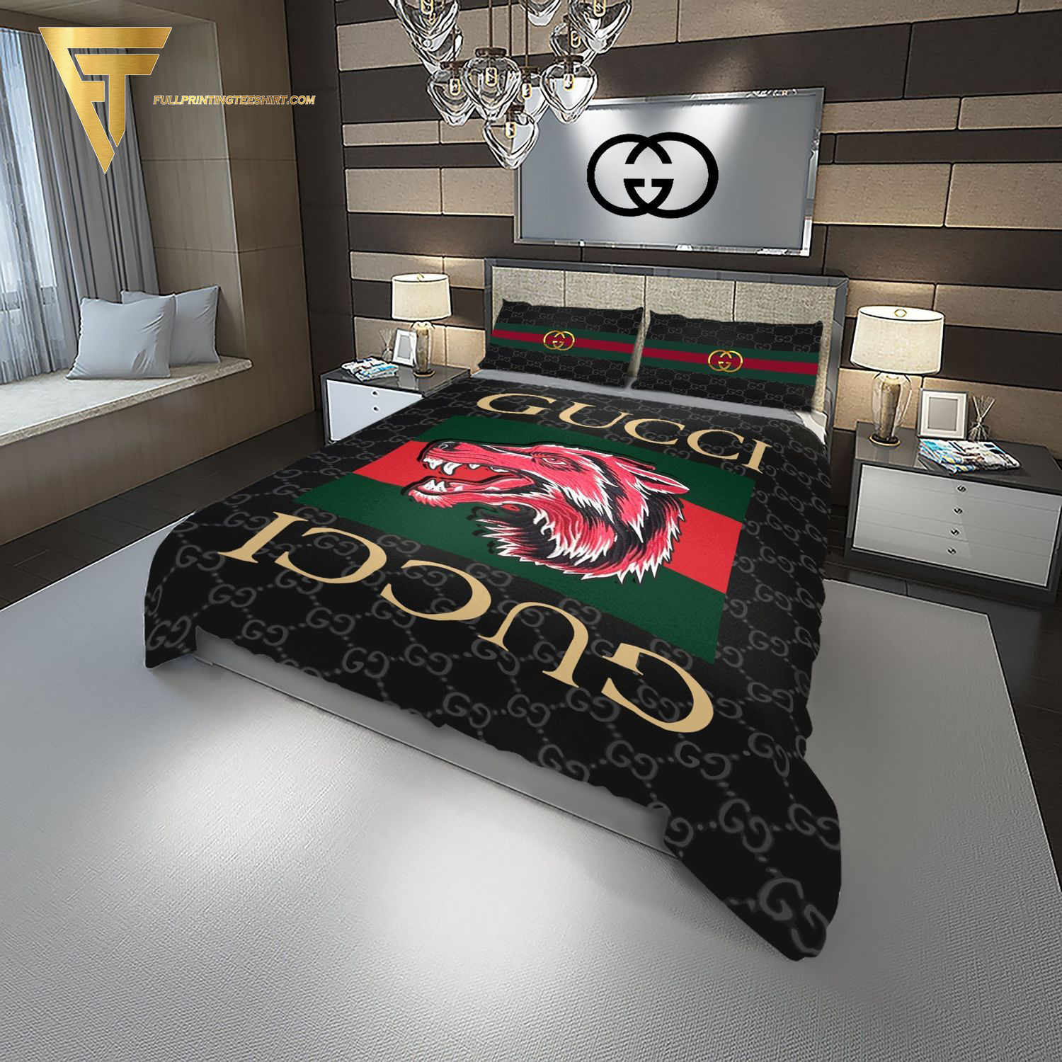 Red Wolf X Gucci Symbol All Over Print Duvet Cover Bedroom Sets